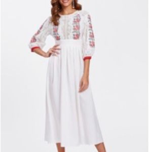 Embroidered panel lace bodice box pleated dress